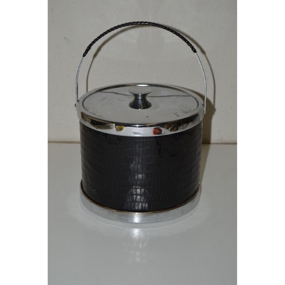 Vintage Black & Chrome Faux Snake Skin Cocktail Bar Ice Bucket Rare Japan